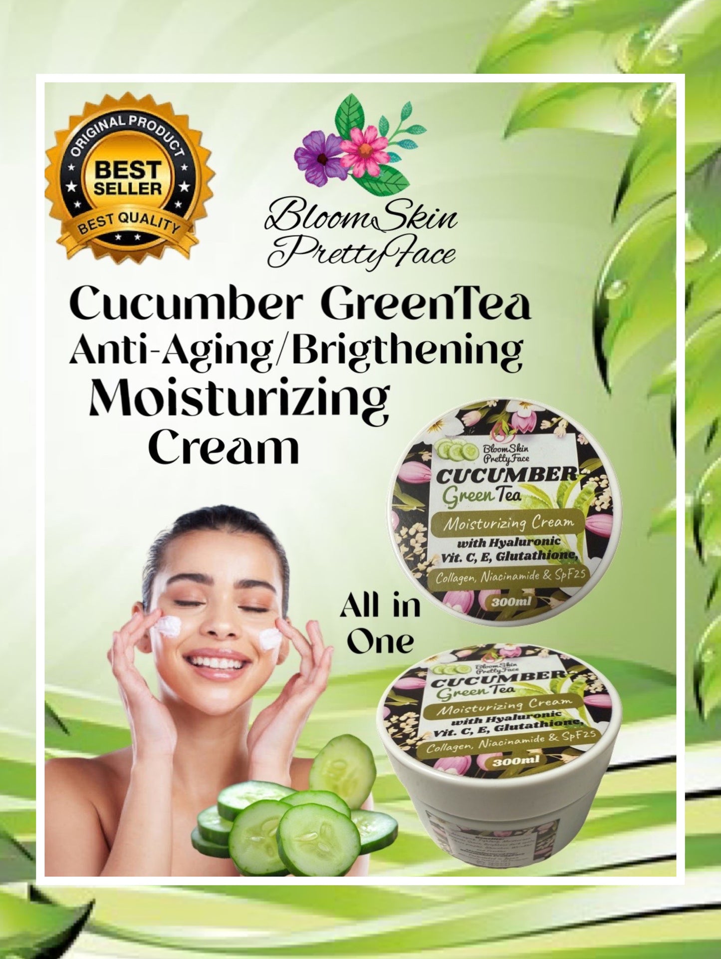Cucumber Greentea Moisturizing Cream with Hyaluronic, Vitamin C&E, Glutathione, Collagen & Niacinamide.